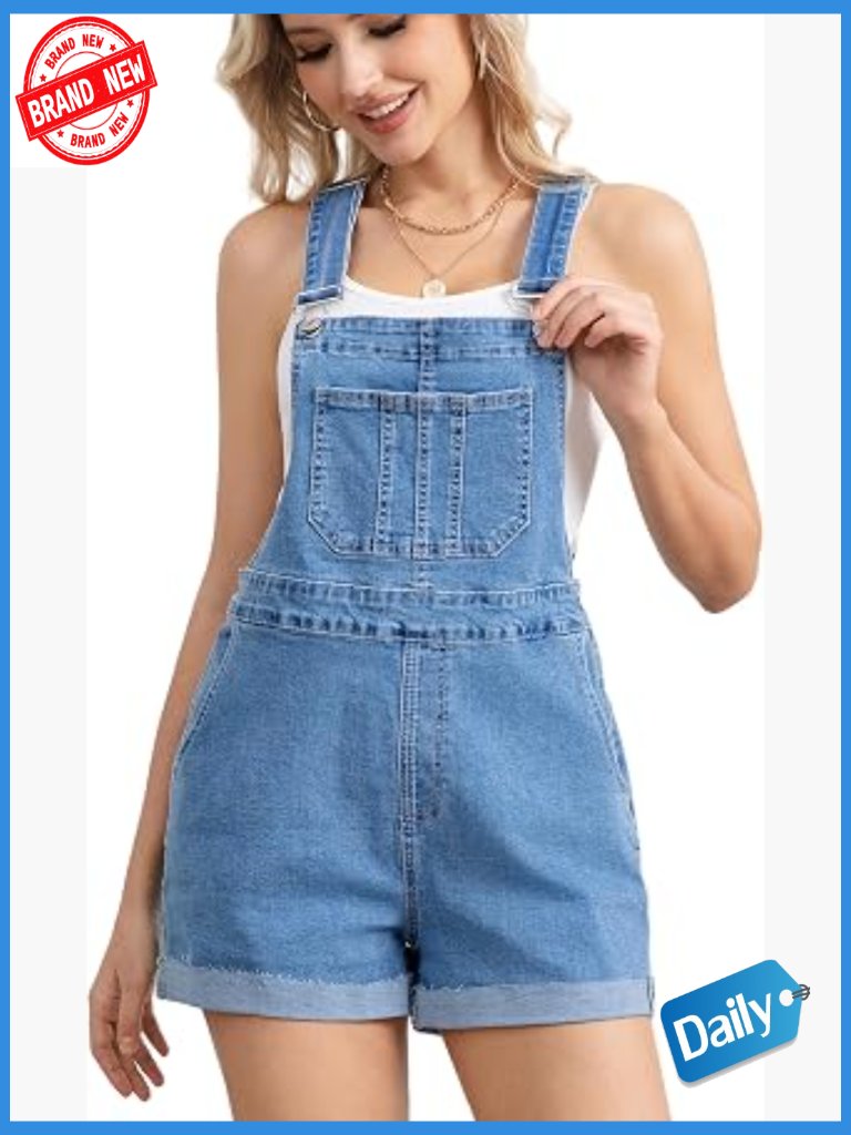 Denim Overalls Shorts Stretchy Adjustable Straps Pockets Cuffed High Waist